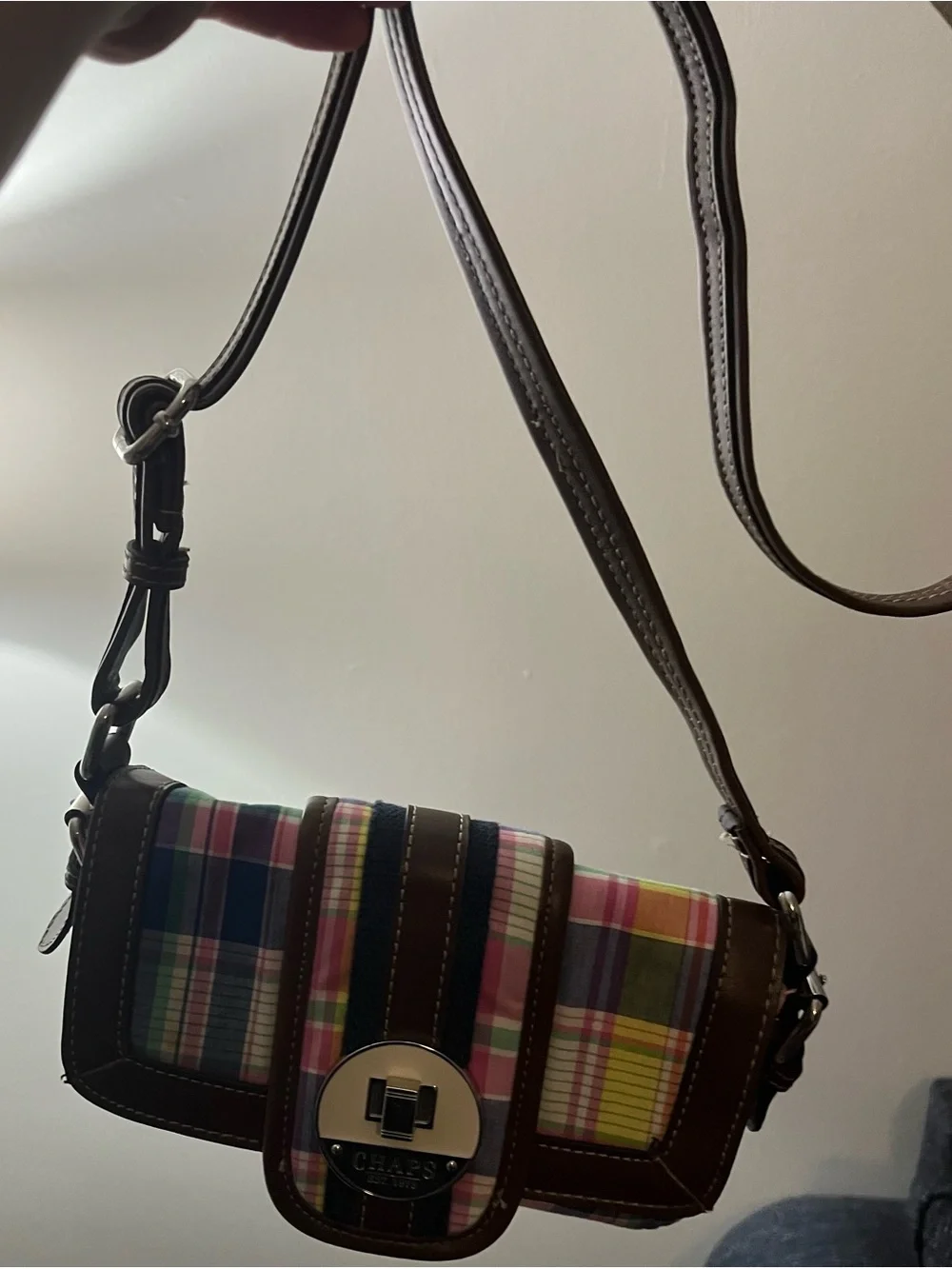 Chaps Brown Leather-Trim Plaid Crossbody Bag